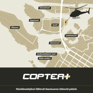 Copterplus: Yleisölennätysten lähtöpaikka kartalla, Kuusisaaren itäisessä päässä.